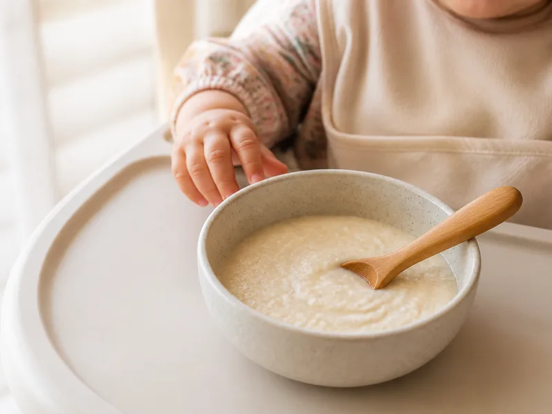 Bowl of creamy baby porridge with a wooden spoon