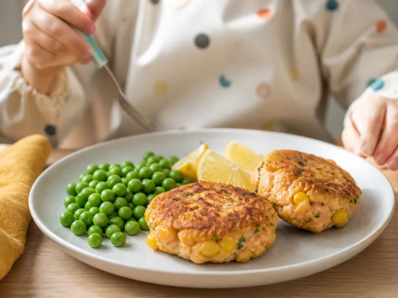 Salmon and sweetcorn fish cakes with peas