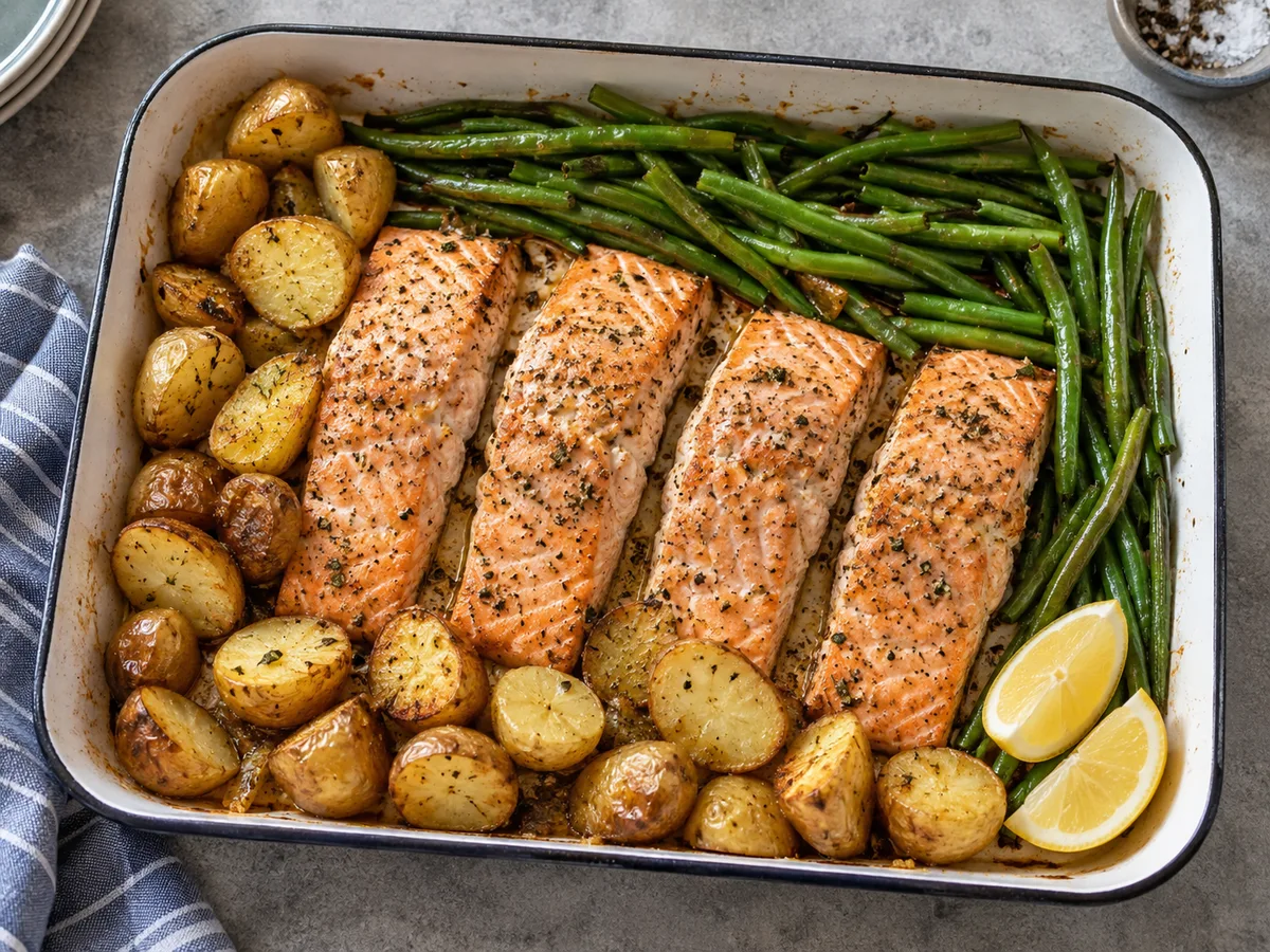 Baked salmon with new potatoes, green beans and lemon wedges