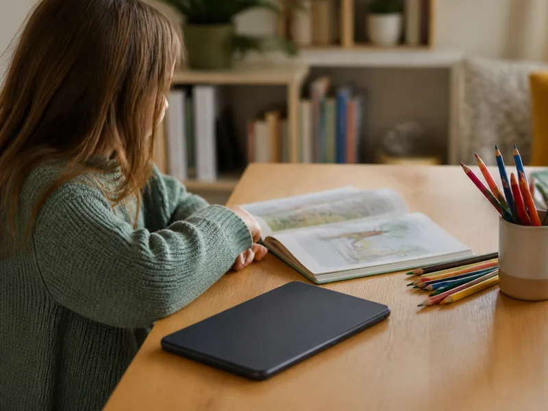 Child at a desk with a tablet set aside beside books and pencils