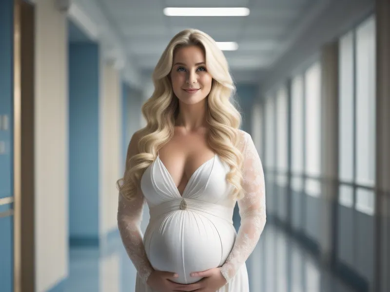 Pregnant woman standing in a bright hospital corridor