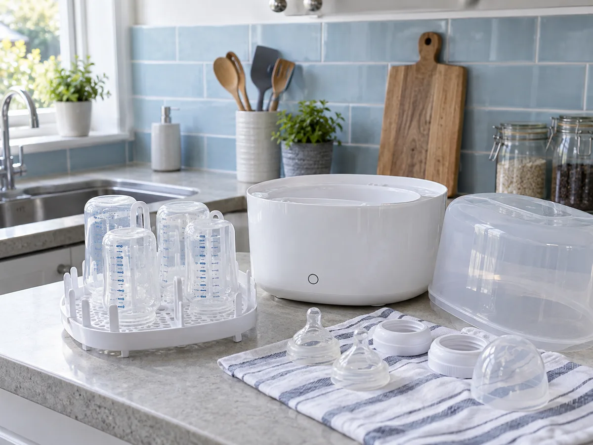 Open countertop steriliser with a removable rack and clean empty baby bottles