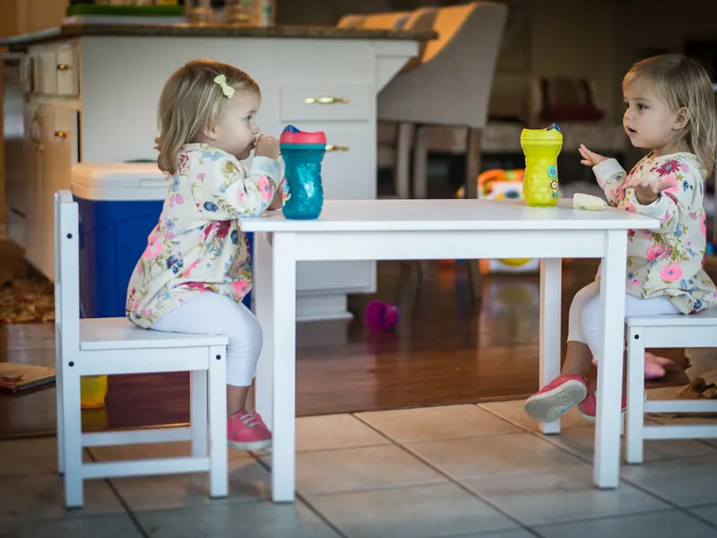 Wooden child’s chair photographed from above