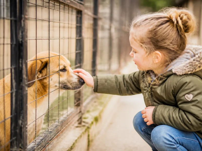 Child gently interacting with a friendly dog outdoors