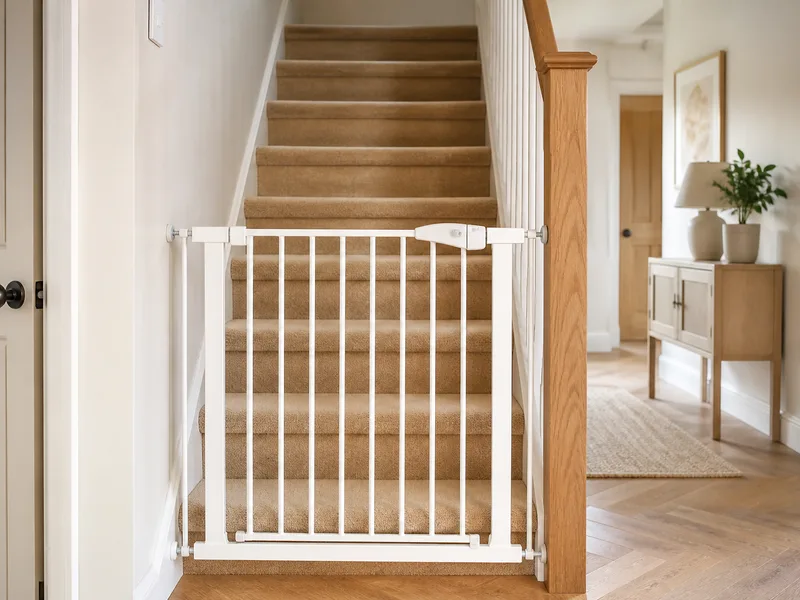 White stair gate at the bottom of a carpeted staircase