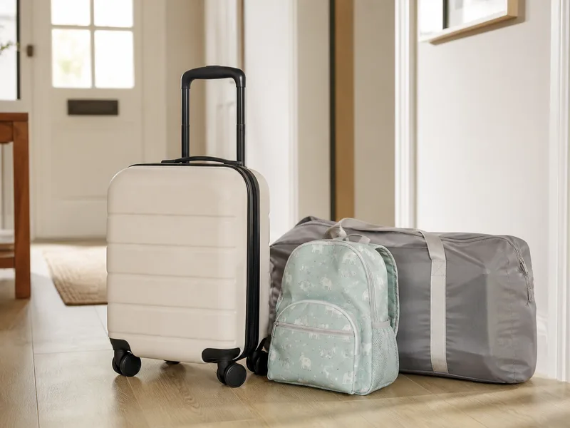 Suitcase and toddler backpack ready for a family trip