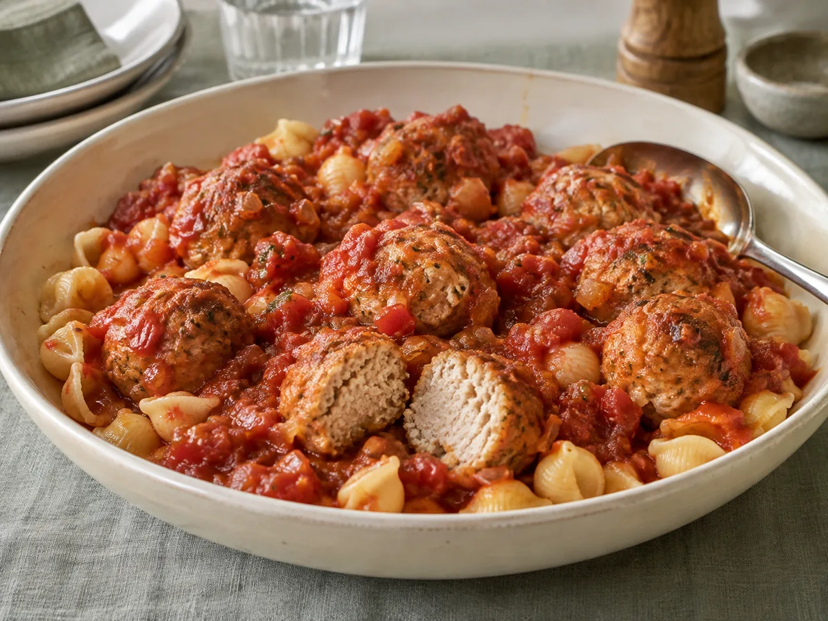 Turkey meatballs in tomato sauce over small pasta shells