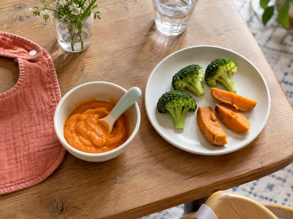 Smooth carrot puree beside soft broccoli and sweet potato finger foods